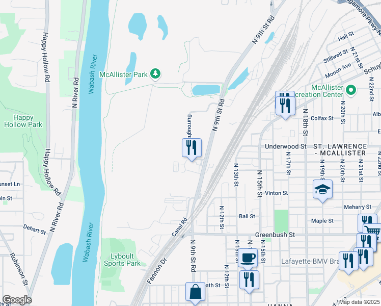 map of restaurants, bars, coffee shops, grocery stores, and more near 806 Burroughs Street in Lafayette