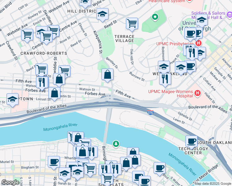 map of restaurants, bars, coffee shops, grocery stores, and more near 2328 Fifth Avenue in Pittsburgh