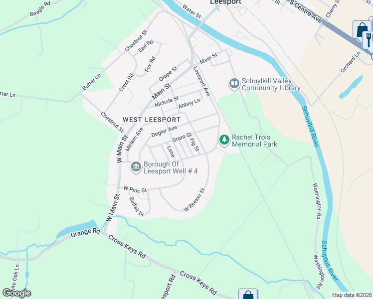 map of restaurants, bars, coffee shops, grocery stores, and more near 530 Linden Street in Leesport
