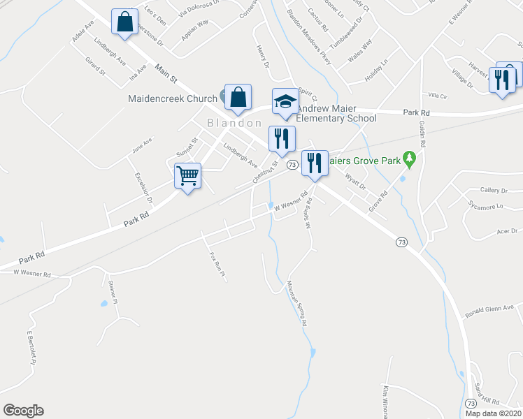 map of restaurants, bars, coffee shops, grocery stores, and more near 56 West Wesner Road in Blandon