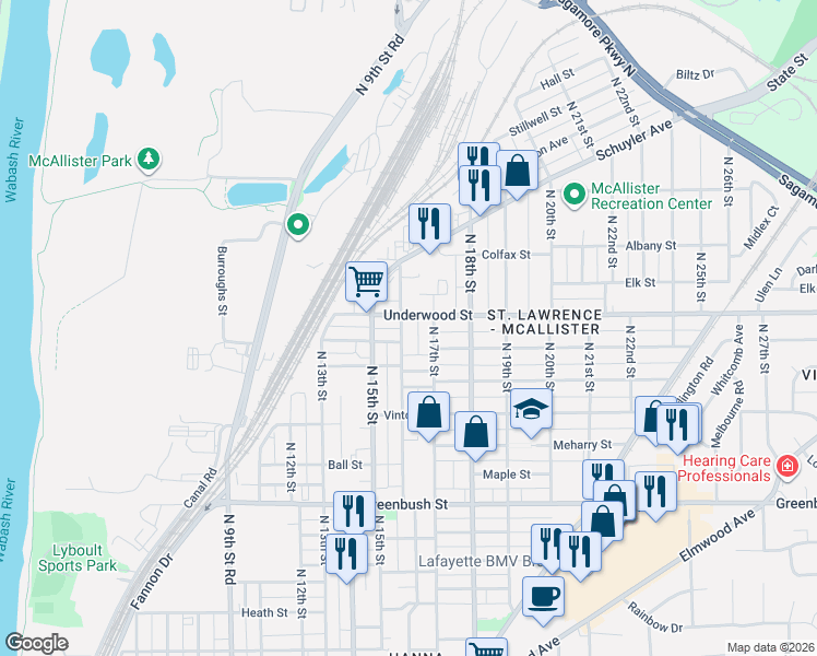 map of restaurants, bars, coffee shops, grocery stores, and more near 2007 North 16th Street in Lafayette