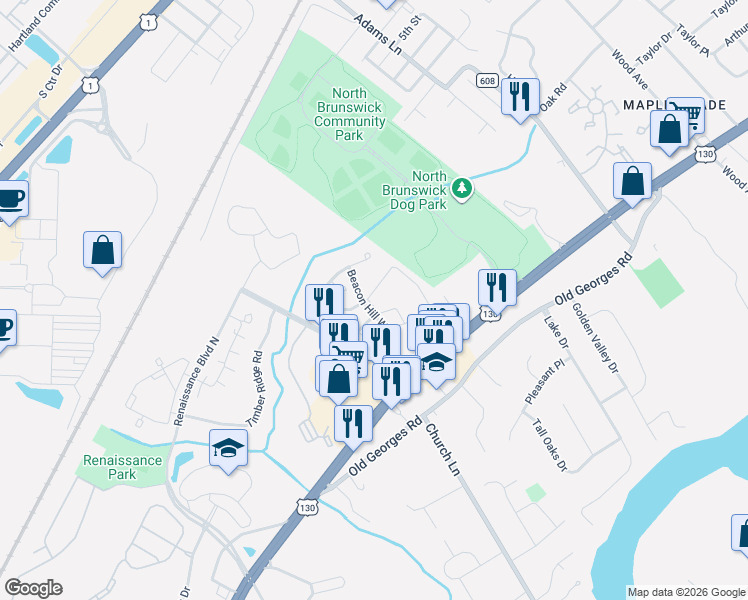 map of restaurants, bars, coffee shops, grocery stores, and more near 1101 Stony Brook Way in North Brunswick Township