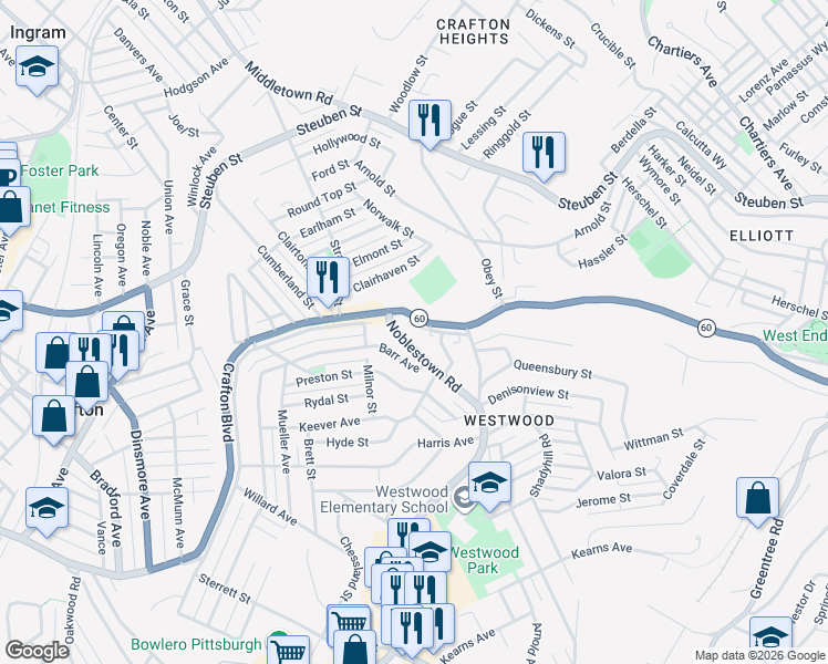 map of restaurants, bars, coffee shops, grocery stores, and more near 1344 Barr Avenue in Pittsburgh