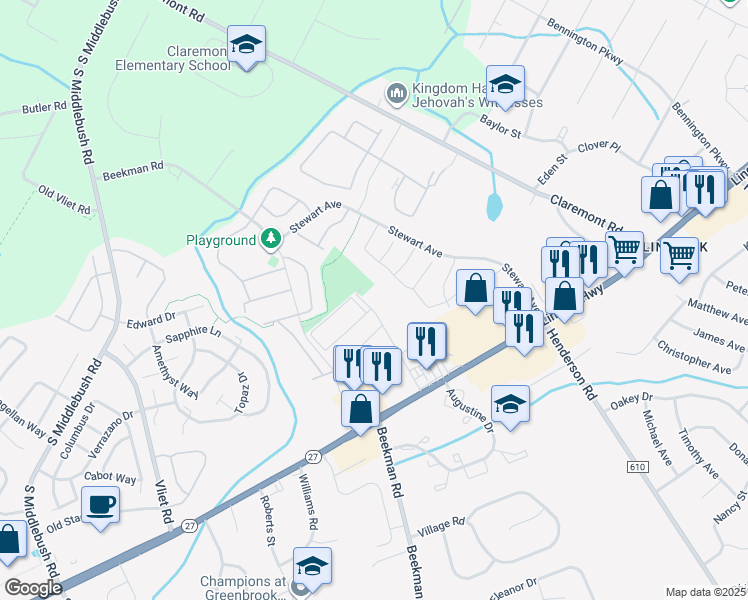 map of restaurants, bars, coffee shops, grocery stores, and more near 21 Delar Parkway in Franklin Township