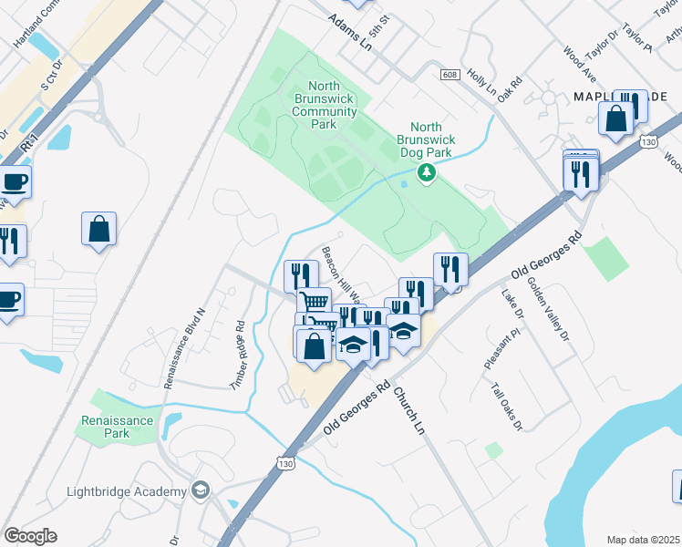 map of restaurants, bars, coffee shops, grocery stores, and more near 702 Stony Brook Way in North Brunswick Township