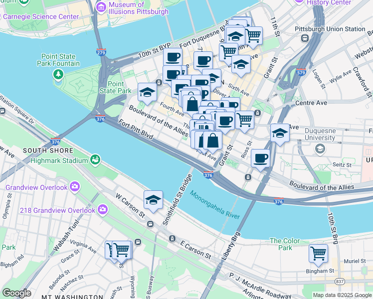 map of restaurants, bars, coffee shops, grocery stores, and more near 1 Smithfield Street in Pittsburgh