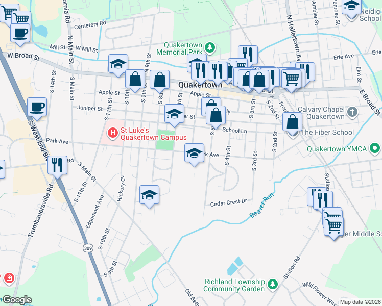 map of restaurants, bars, coffee shops, grocery stores, and more near 624 Park Avenue in Quakertown