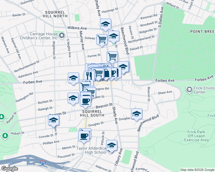 map of restaurants, bars, coffee shops, grocery stores, and more near 5876 Darlington Road in Pittsburgh
