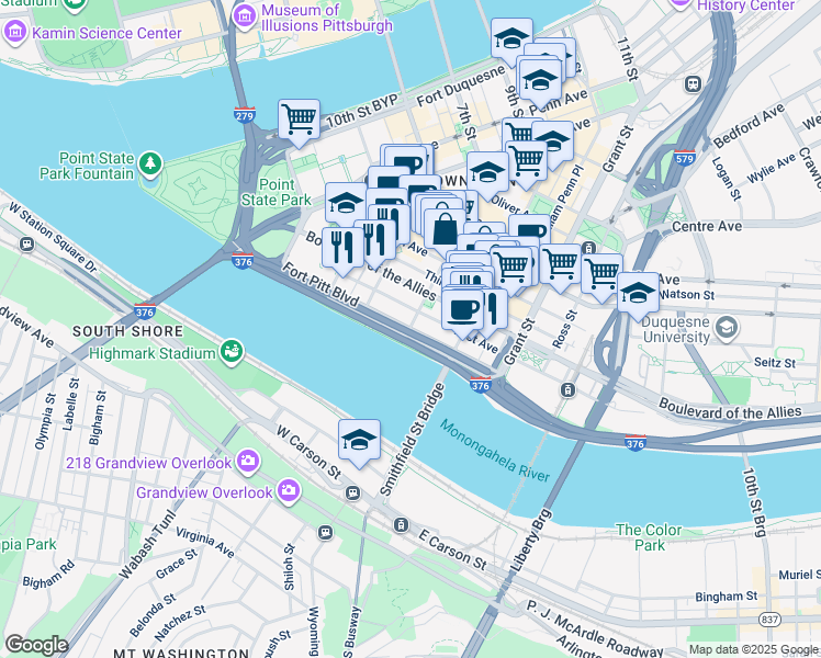 map of restaurants, bars, coffee shops, grocery stores, and more near 2 Wood Street in Pittsburgh