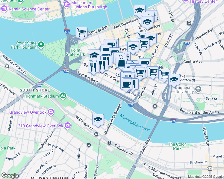 map of restaurants, bars, coffee shops, grocery stores, and more near 2 Wood Street in Pittsburgh
