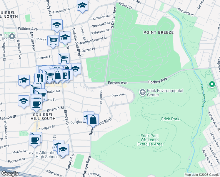 map of restaurants, bars, coffee shops, grocery stores, and more near 1841 Shaw Avenue in Pittsburgh