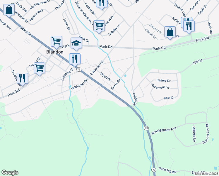 map of restaurants, bars, coffee shops, grocery stores, and more near 550 Main Street in Blandon