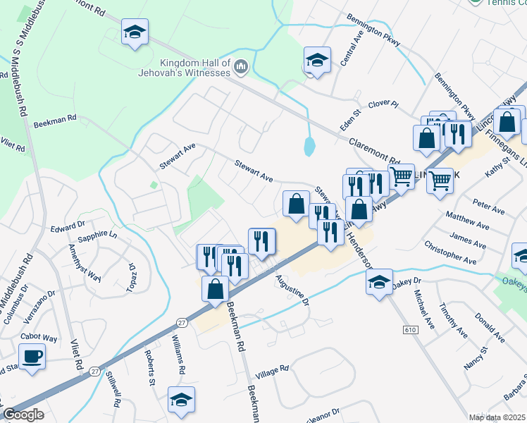 map of restaurants, bars, coffee shops, grocery stores, and more near 82 Fisher Drive in Franklin Township