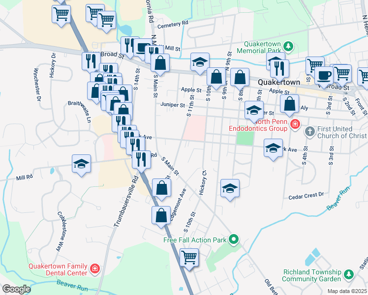 map of restaurants, bars, coffee shops, grocery stores, and more near 215 South 11th Street in Quakertown