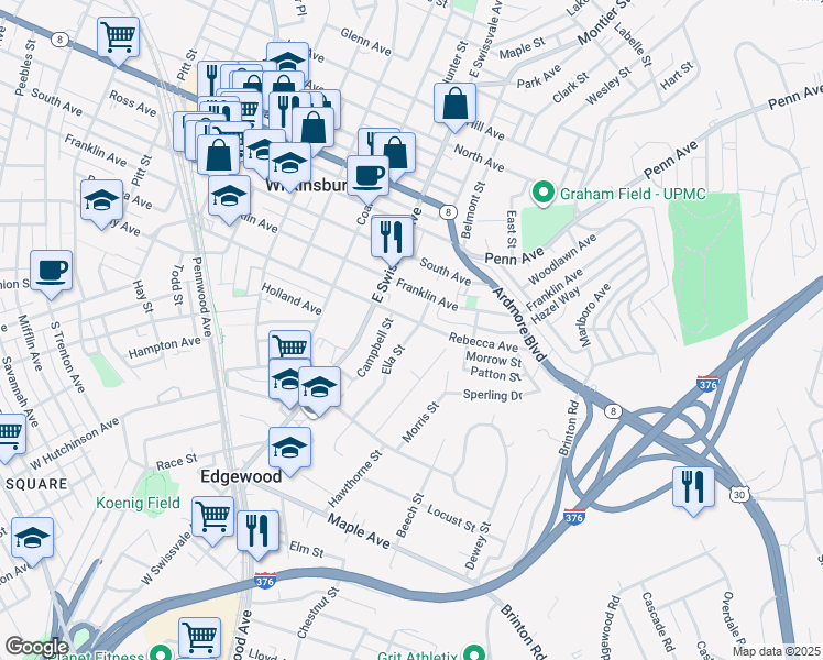 map of restaurants, bars, coffee shops, grocery stores, and more near 486 Ella Street in Pittsburgh