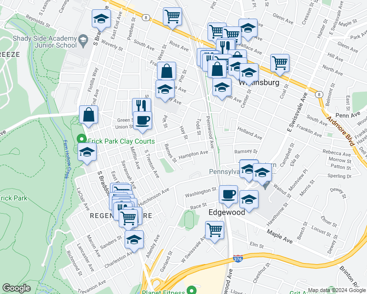 map of restaurants, bars, coffee shops, grocery stores, and more near 417 Hampton Avenue in Pittsburgh