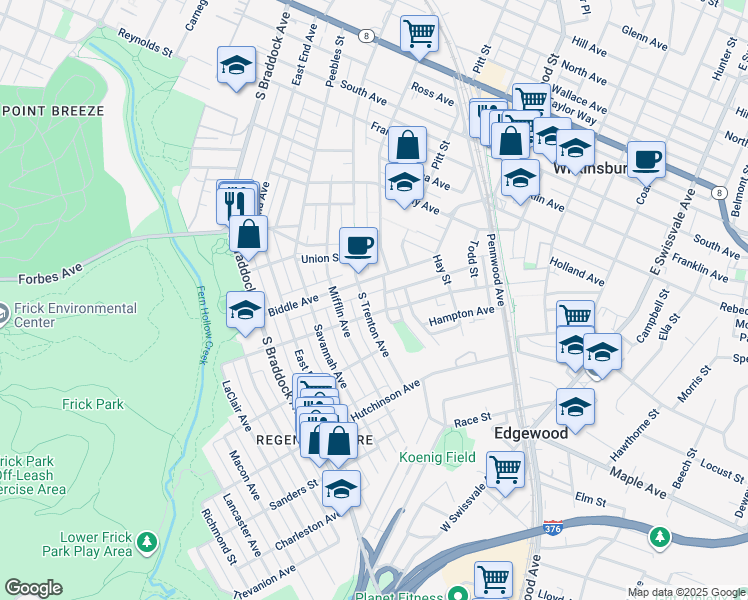 map of restaurants, bars, coffee shops, grocery stores, and more near 833 South Trenton Avenue in Pittsburgh