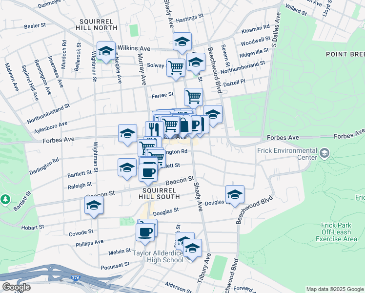map of restaurants, bars, coffee shops, grocery stores, and more near 5876 Darlington Road in Pittsburgh