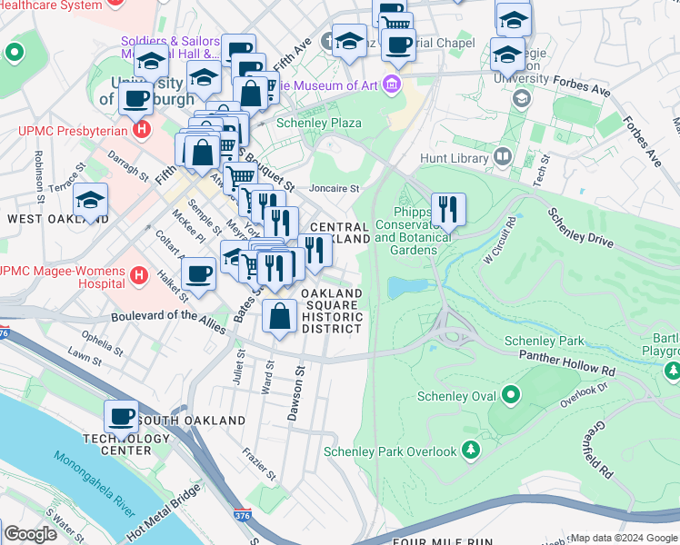 map of restaurants, bars, coffee shops, grocery stores, and more near 15 Oakland Square in Pittsburgh