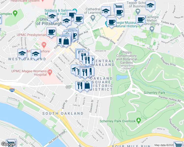 map of restaurants, bars, coffee shops, grocery stores, and more near 434 Atwood Street in Pittsburgh