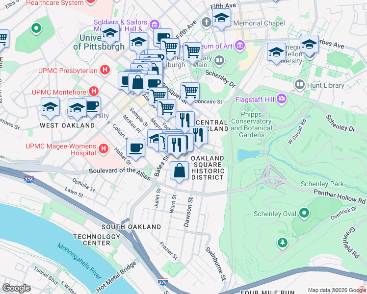 map of restaurants, bars, coffee shops, grocery stores, and more near in Pittsburgh