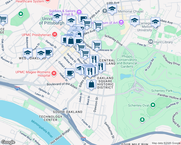map of restaurants, bars, coffee shops, grocery stores, and more near in Pittsburgh