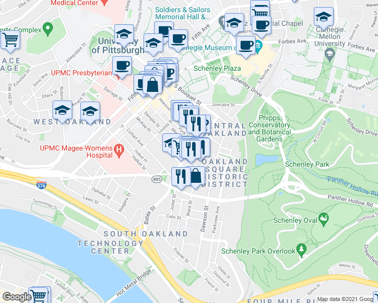 map of restaurants, bars, coffee shops, grocery stores, and more near in Pittsburgh