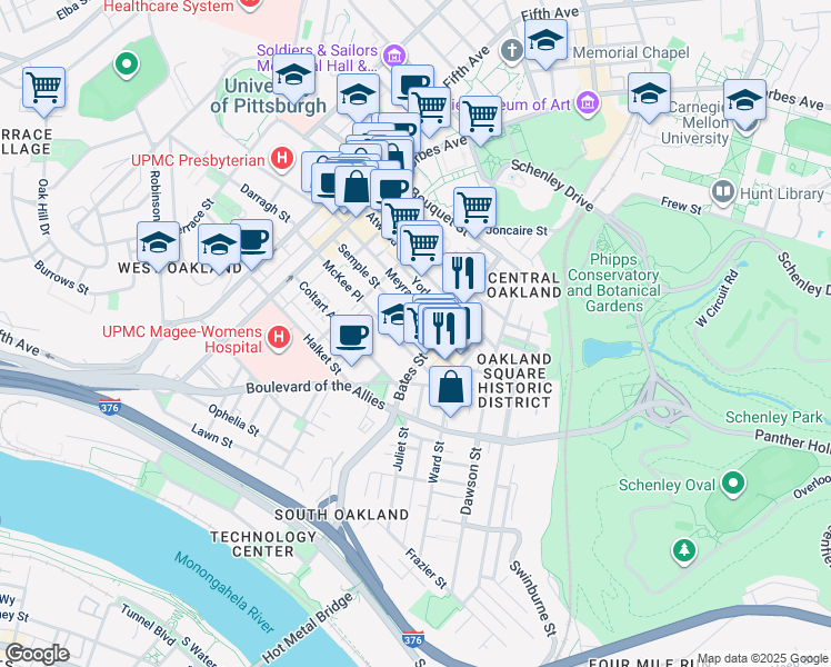 map of restaurants, bars, coffee shops, grocery stores, and more near in Pittsburgh