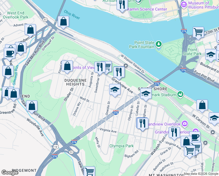 map of restaurants, bars, coffee shops, grocery stores, and more near 4 Basil Way in Pittsburgh