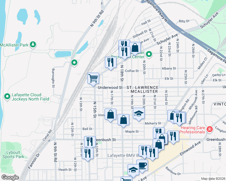 map of restaurants, bars, coffee shops, grocery stores, and more near 1714 Charles Street in Lafayette