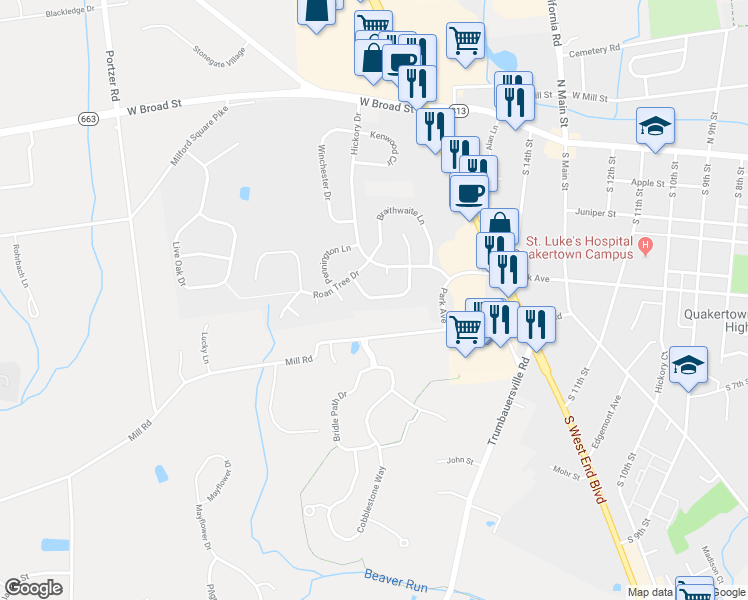 map of restaurants, bars, coffee shops, grocery stores, and more near 57 Dewsbury Lane in Quakertown
