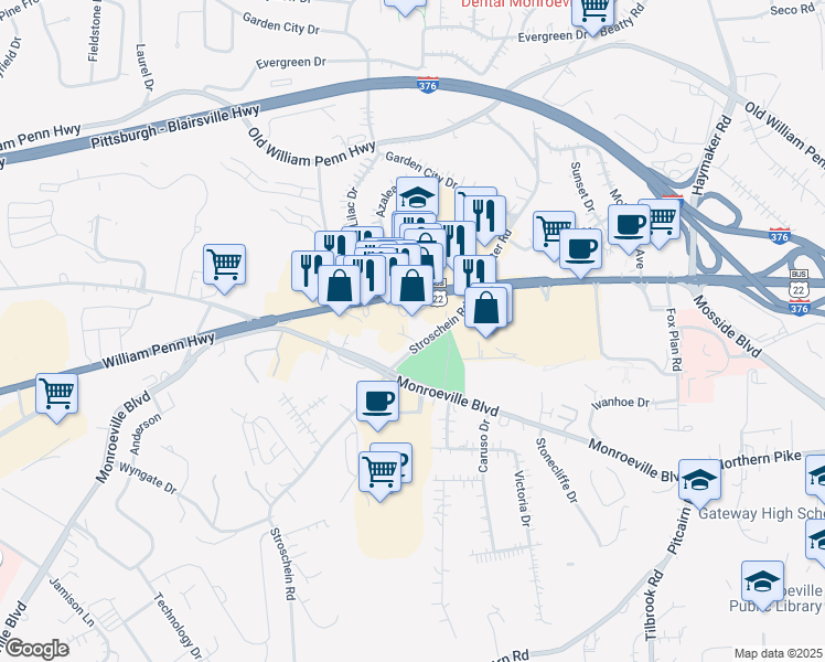 map of restaurants, bars, coffee shops, grocery stores, and more near 2725 Stroschein Road in Monroeville