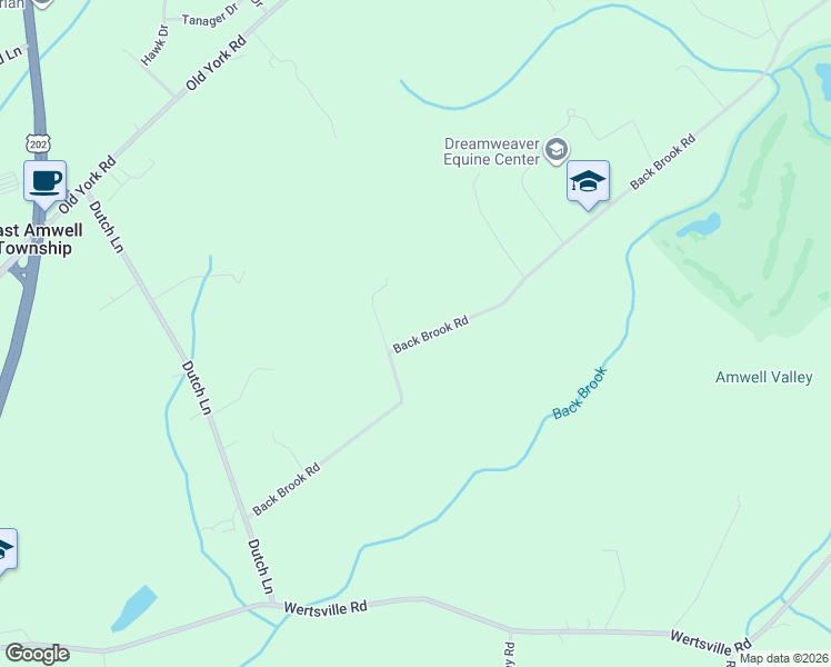 map of restaurants, bars, coffee shops, grocery stores, and more near 43 Back Brook Road in East Amwell Township