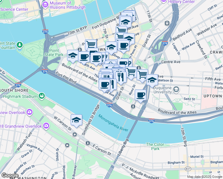 map of restaurants, bars, coffee shops, grocery stores, and more near 420 Boulevard of the Allies in Pittsburgh
