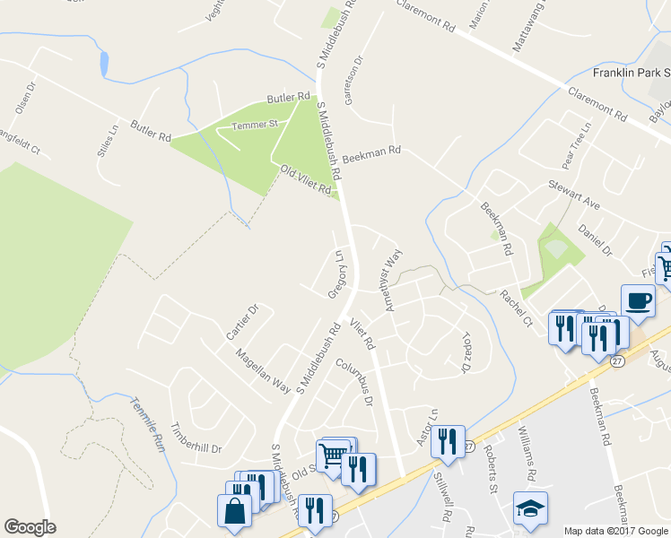 map of restaurants, bars, coffee shops, grocery stores, and more near 34 Gregory Lane in Franklin Township