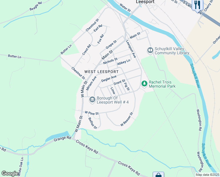 map of restaurants, bars, coffee shops, grocery stores, and more near 521 Elm Street in Leesport