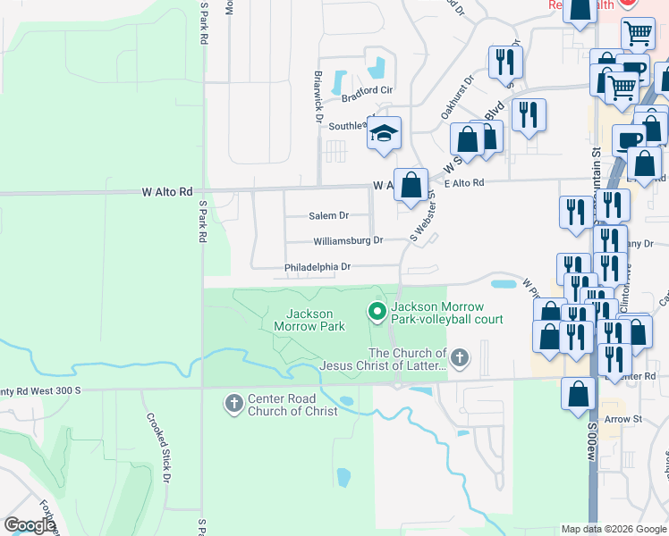 map of restaurants, bars, coffee shops, grocery stores, and more near 526 Cambridge Drive in Kokomo