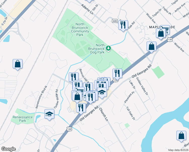 map of restaurants, bars, coffee shops, grocery stores, and more near 702 Stony Brook Way in North Brunswick Township