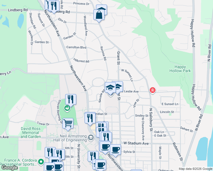 map of restaurants, bars, coffee shops, grocery stores, and more near 1211 Ravinia Road in West Lafayette