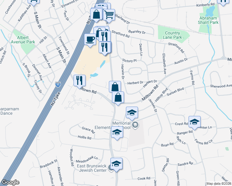 map of restaurants, bars, coffee shops, grocery stores, and more near 408 Ryders Lane in East Brunswick