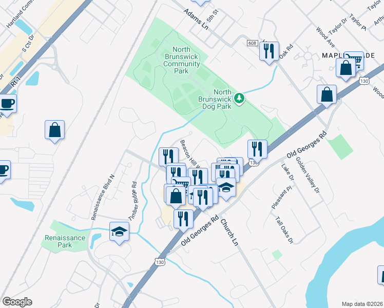 map of restaurants, bars, coffee shops, grocery stores, and more near 214 Concord Place in North Brunswick Township