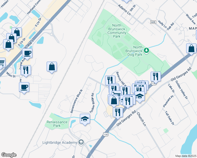 map of restaurants, bars, coffee shops, grocery stores, and more near 301 Renaissance Boulevard East in North Brunswick Township