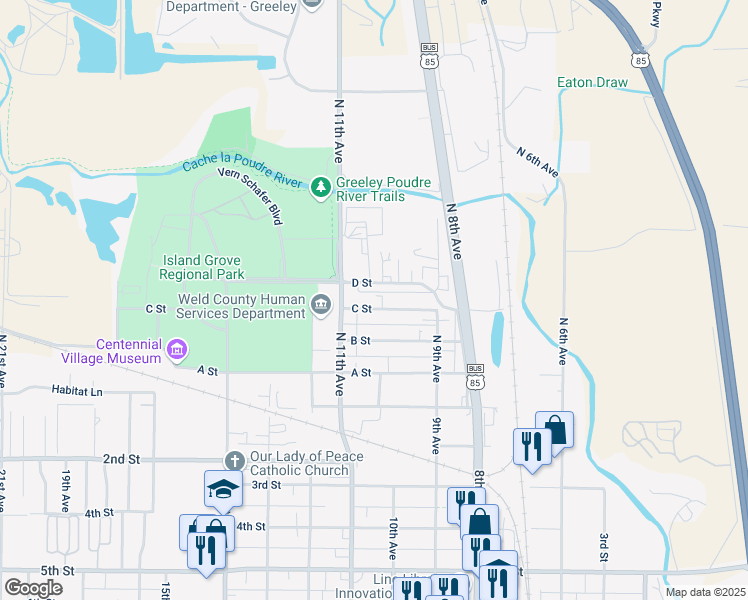 map of restaurants, bars, coffee shops, grocery stores, and more near 1011 C Street in Greeley