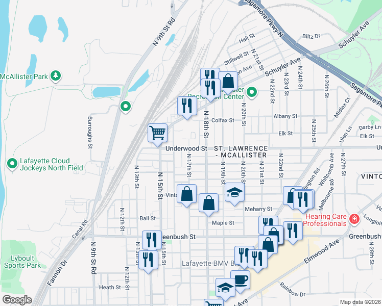 map of restaurants, bars, coffee shops, grocery stores, and more near 1714 Charles Street in Lafayette
