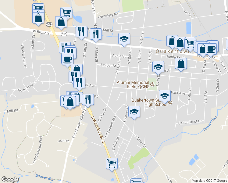 map of restaurants, bars, coffee shops, grocery stores, and more near 215 South 11th Street in Quakertown