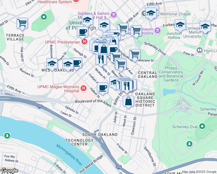 map of restaurants, bars, coffee shops, grocery stores, and more near 316 McKee Place in Pittsburgh