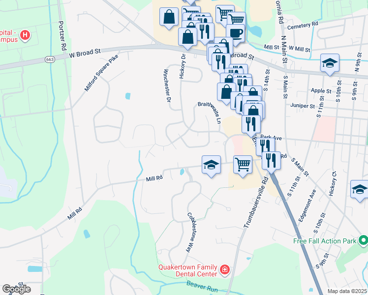 map of restaurants, bars, coffee shops, grocery stores, and more near 71 Dewsbury Lane in Quakertown