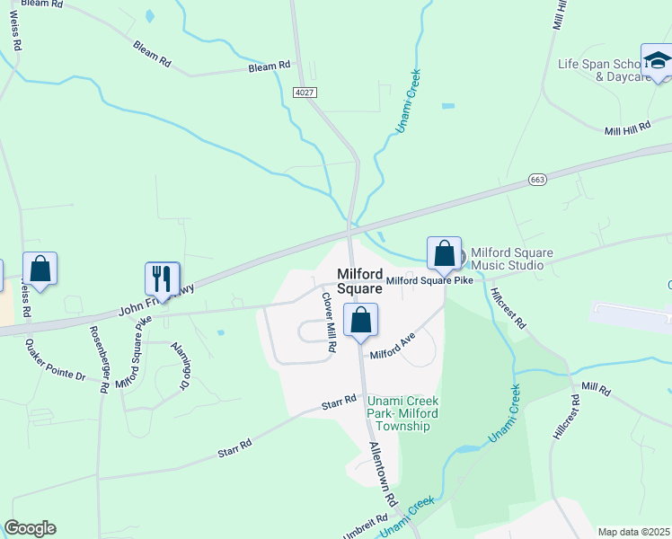 map of restaurants, bars, coffee shops, grocery stores, and more near 2120 Allentown Road in Quakertown
