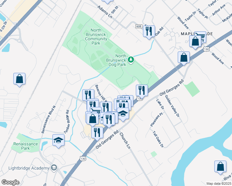 map of restaurants, bars, coffee shops, grocery stores, and more near 702 Stony Brook Way in North Brunswick Township