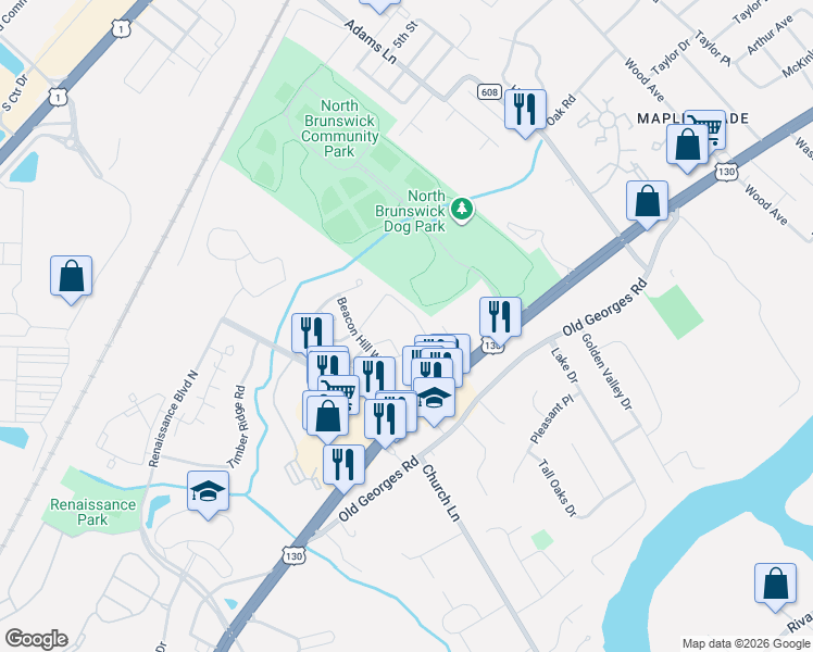 map of restaurants, bars, coffee shops, grocery stores, and more near 702 Stony Brook Way in North Brunswick Township